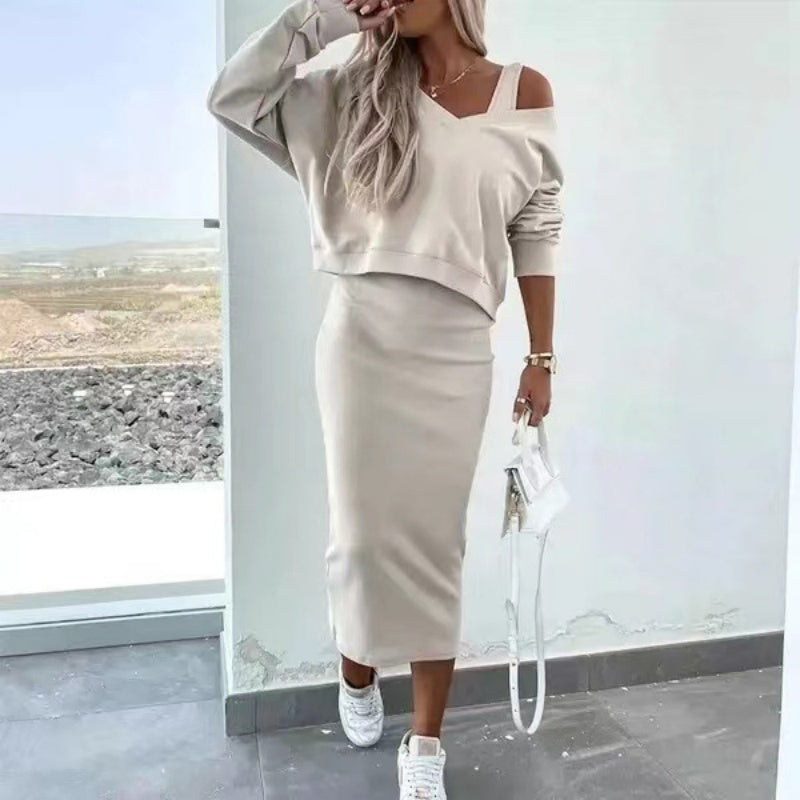 🔥Effortless Elegance💃Women's 2-Piece Set - Sleeveless Dress & Loose V-Neck Pullover