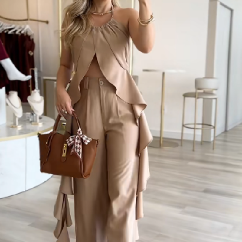 🦋Women's Backless Top & Loose Wide Leg Pants Set 🦋 | Diagonal Pocket Placement | Fluid Drape Fabric | No Static Cling (For Pear/Apple Shapes)