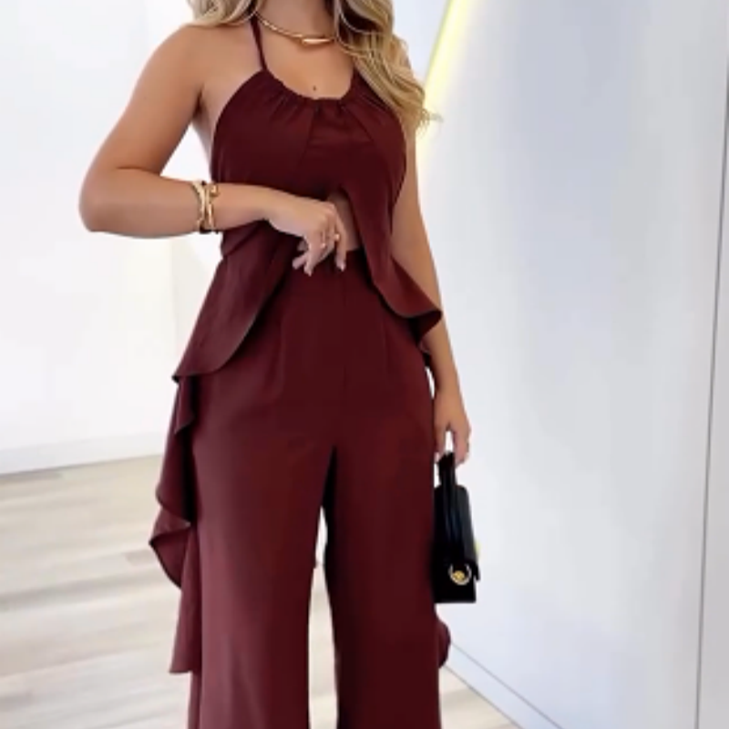 🦋Women's Backless Top & Loose Wide Leg Pants Set 🦋 | Diagonal Pocket Placement | Fluid Drape Fabric | No Static Cling (For Pear/Apple Shapes)