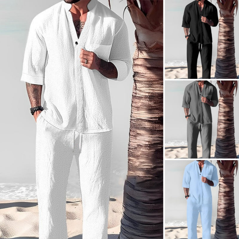Fashionable Men's Two-Piece Set Made From Cotton Linen: Top & Trousers
