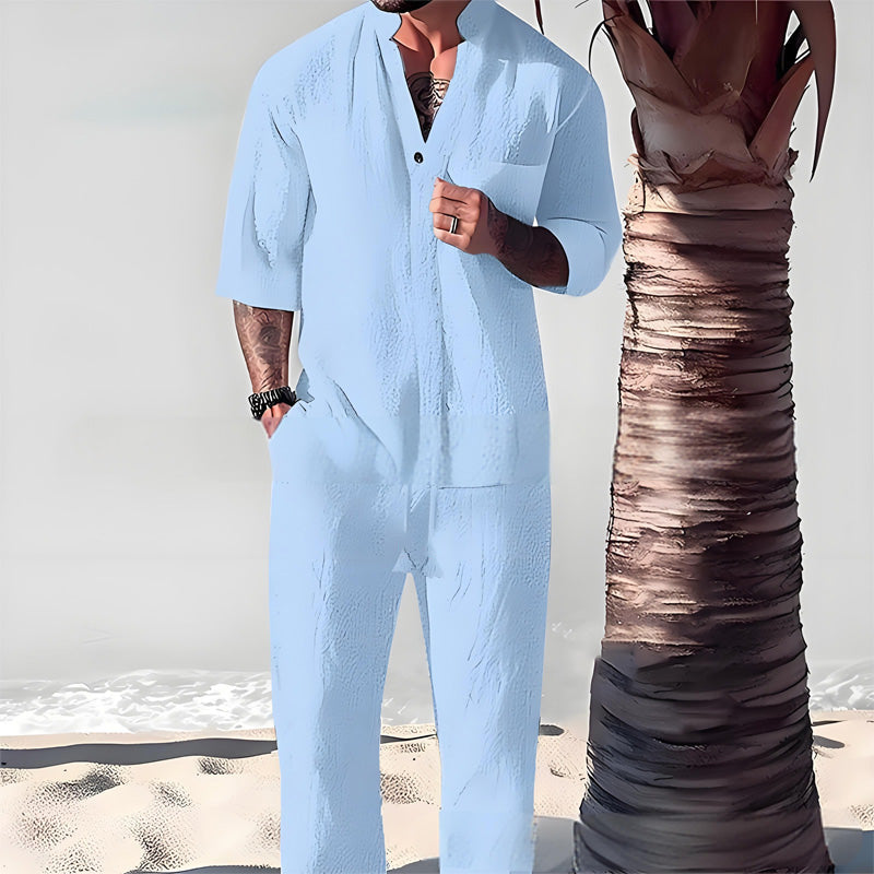 Fashionable Men's Two-Piece Set Made From Cotton Linen: Top & Trousers
