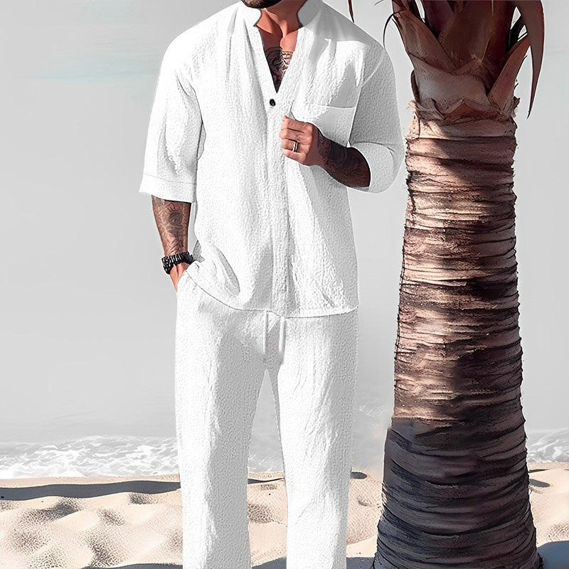 Fashionable Men's Two-Piece Set Made From Cotton Linen: Top & Trousers